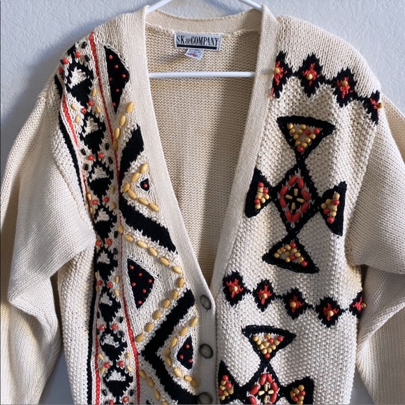 Vintage Tribal Beaded Button Down Cardigan Grandpa Sweater - Picture 2 of 7